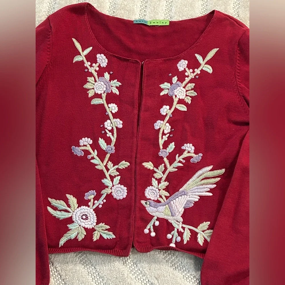 Vintage Embroidered Floral Birds Red Spring Cardigan - S